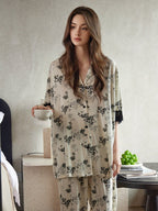 Black Rose Lace Trim Pajama Set