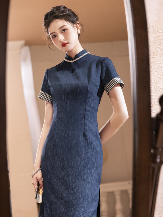 Qingshan Dai 青山黛 - Short Sleeve Midi Blue Cheongsam