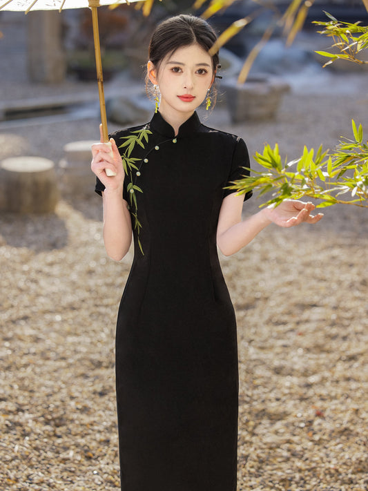 Embroidered Bamboo - Short Sleeve Long Black Cheongsam