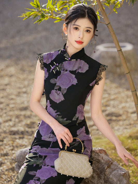 Mysterious Rose - Sleeveless Floral Purple Long Cheongsam