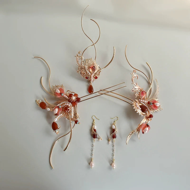 Hanfu Hair Accessories Set: Red Flame Moon Song