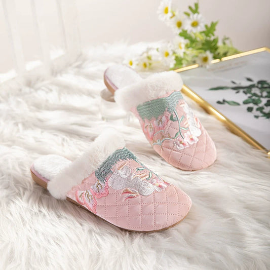 Jasmine - Embroidered Qipao Slip-On Furry Shoes