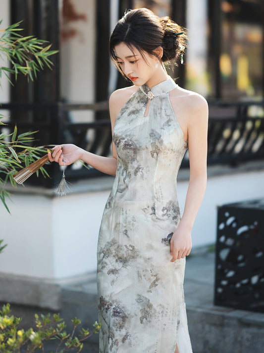 Cold Ink 清冷水墨 - Halter Neck Midi Cheongsam