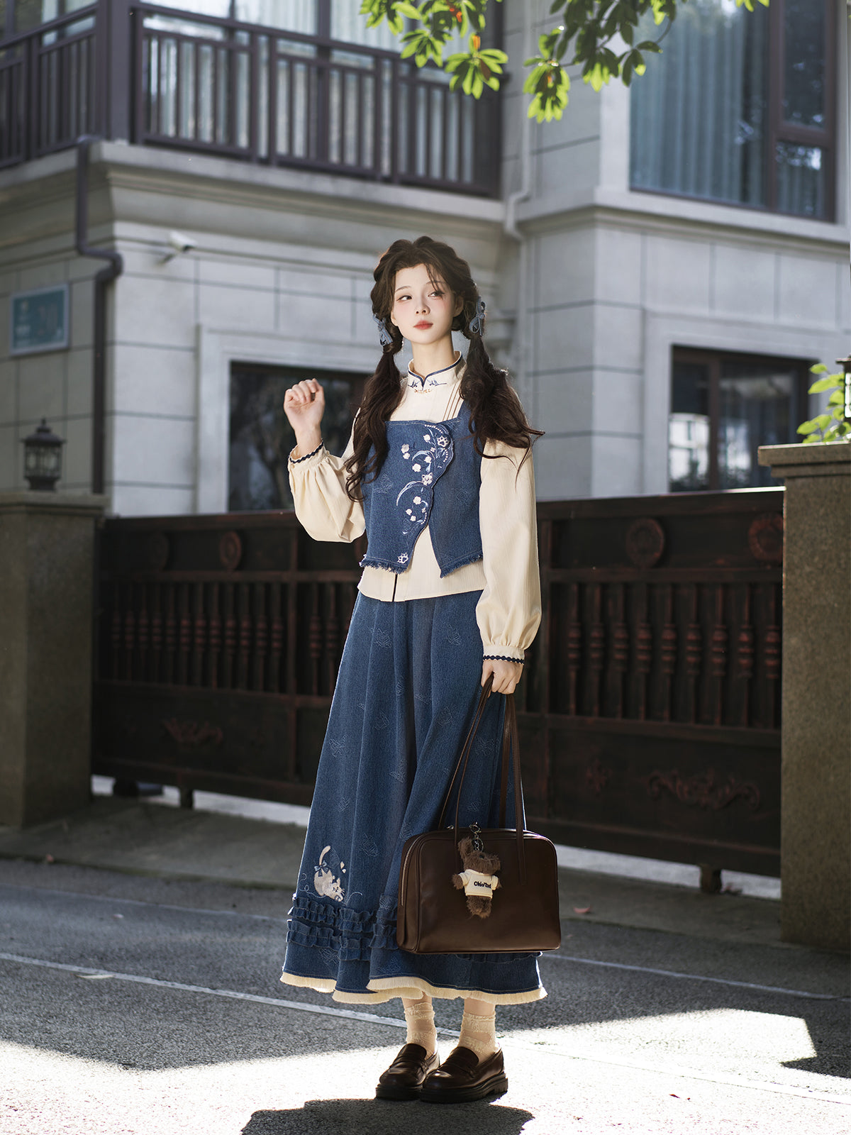 Cat Thread 猫线 - New Chinese Style Daily College Denim Skirt Set