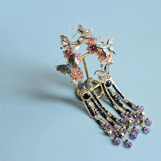 Long Tassels Hair Clip: Dark Butterfly