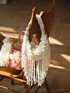 Pearl Fringe Floral Crescent Bag