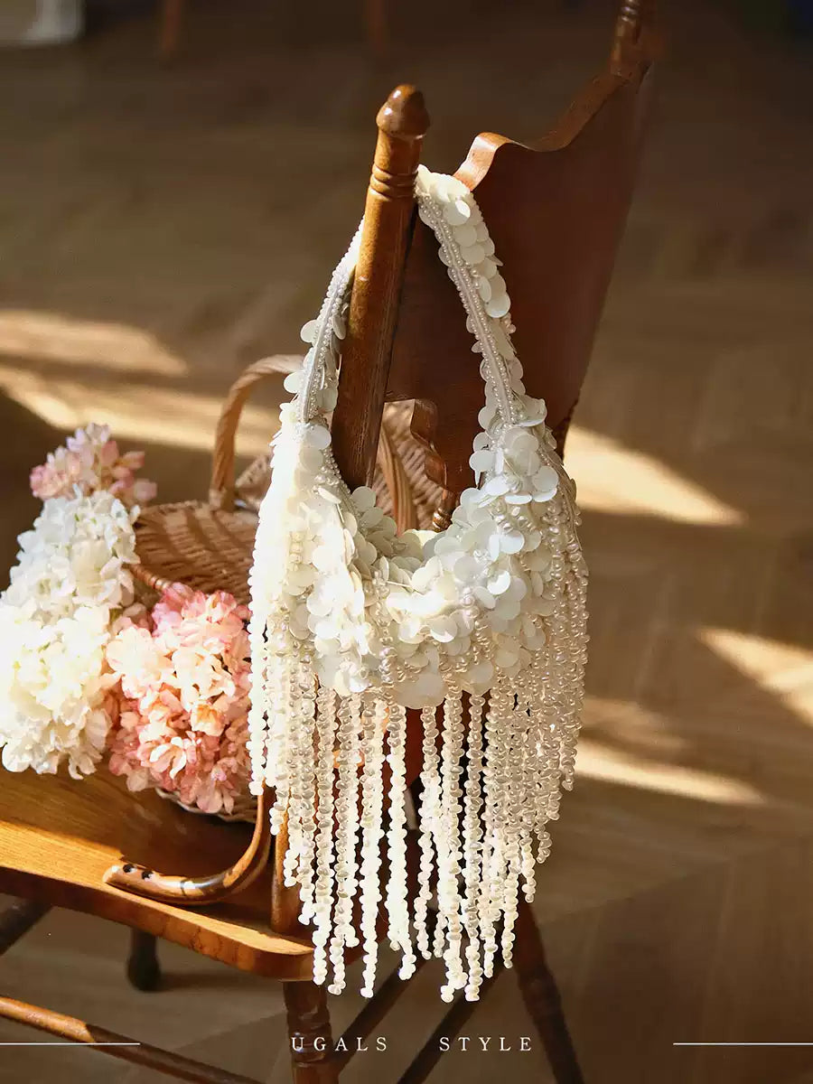 Pearl Fringe Floral Crescent Bag