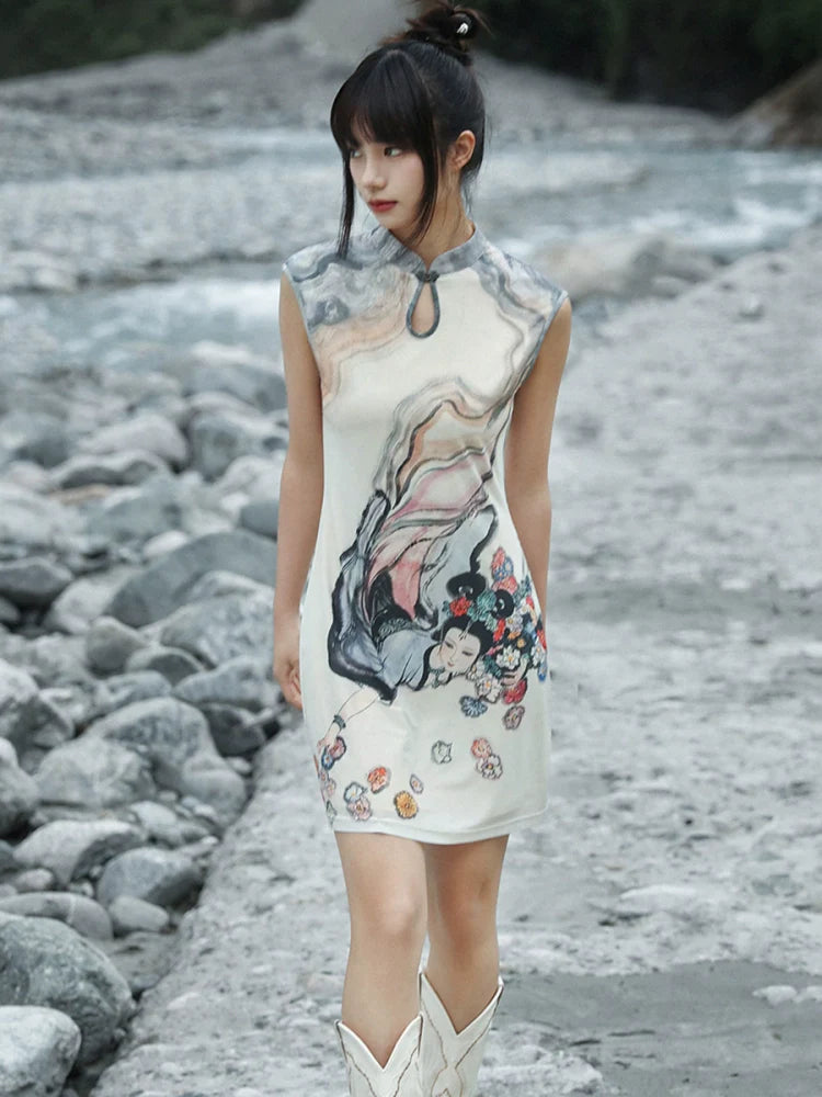 New Chinese Style Stand-Up Collar Short Dress - Chang'E