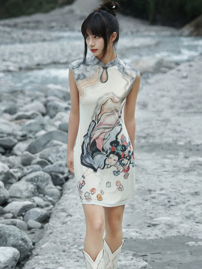 New Chinese Style Stand-Up Collar Short Dress - Chang'E