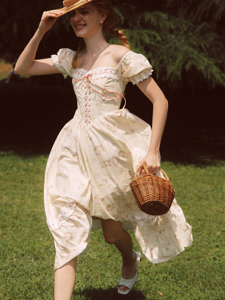 Vintage Rose Garden Lace-Up Off-Shoulder Dress