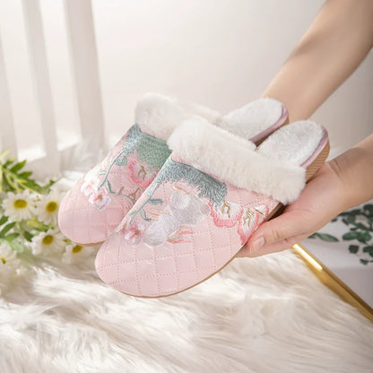 Jasmine - Embroidered Qipao Slip-On Furry Shoes