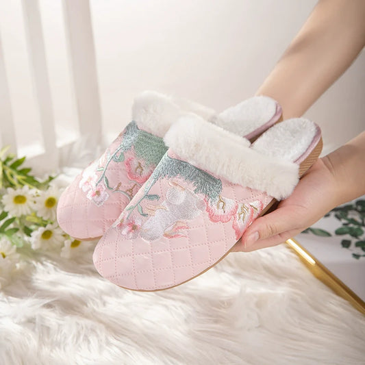 Jasmine - Embroidered Qipao Slip-On Furry Shoes