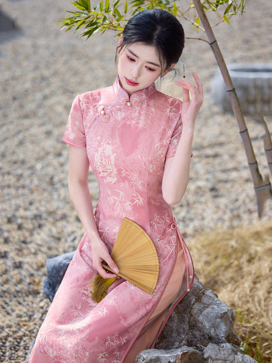 Flower Lantern 花灯游 - Short Sleeve Pink Long Cheongsam