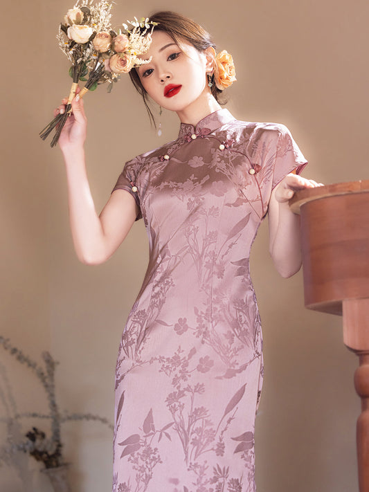 Zhao Yuan 昭愿 - Short Sleeve Satin Pink Long Cheongsam