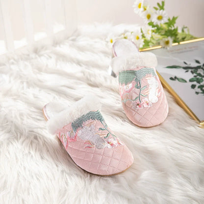 Jasmine - Embroidered Qipao Slip-On Furry Shoes