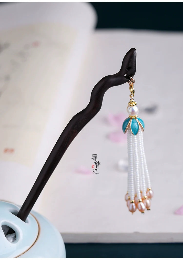 Ebony Tassel Hair Stick: Blue Leaves