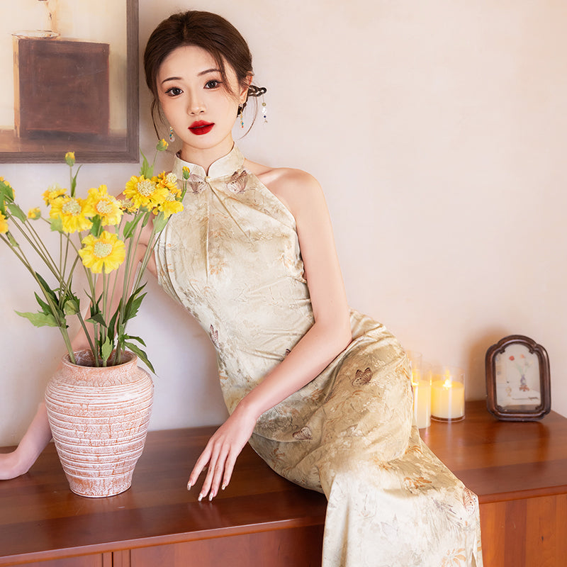 Warm Winds 暖黄雅风 - Halter Neck Satin Long Cheongsam