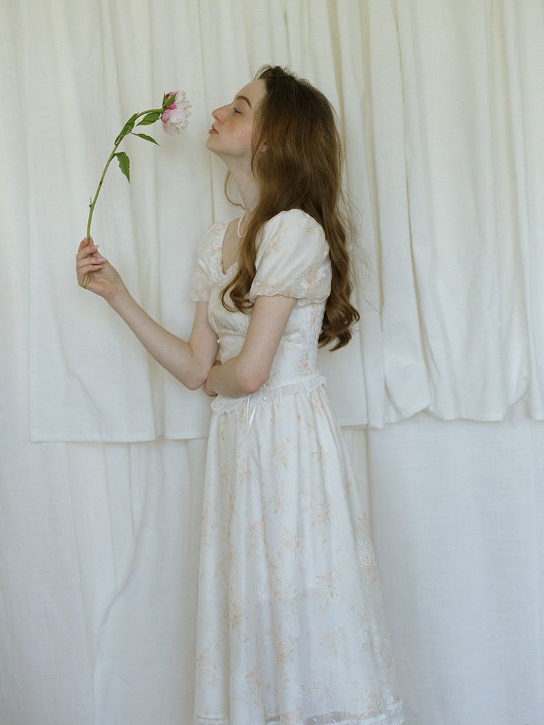 White Floral Corset Waist Dress