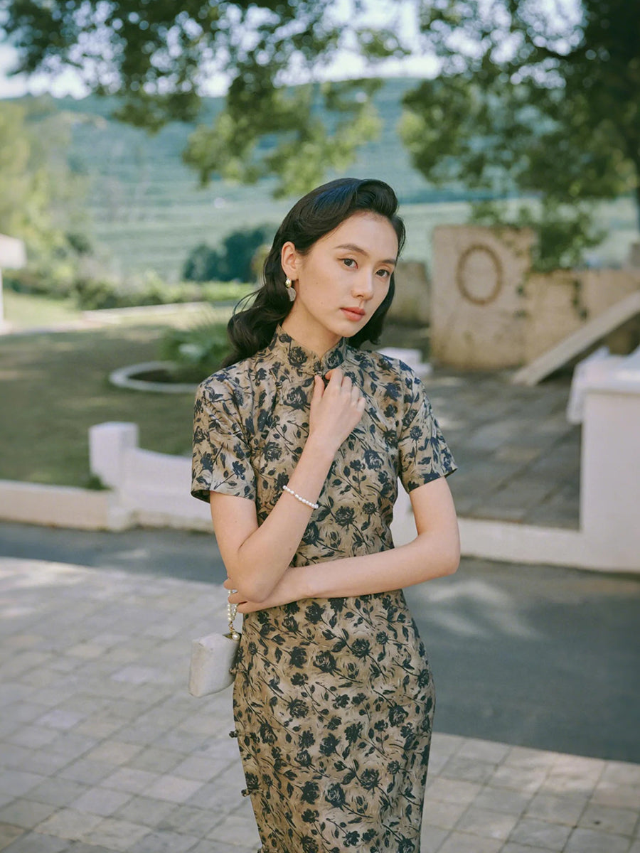 Rosedale 玫瑰 - Cotton Short Sleeves Long Retro Cheongsam (Preorder)