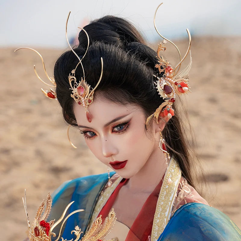 Hanfu Hair Accessories Set: Red Flame Moon Song