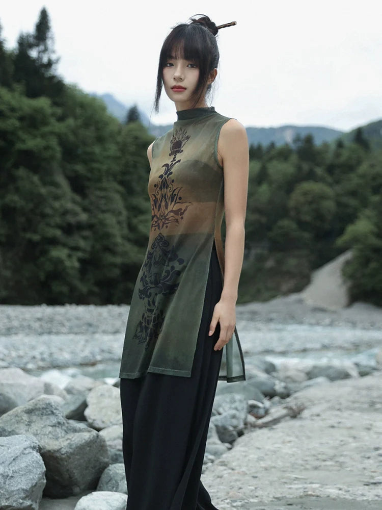 New Chinese Style Summer Slit See-Through Mesh Top