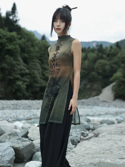 New Chinese Style Summer Slit See-Through Mesh Top