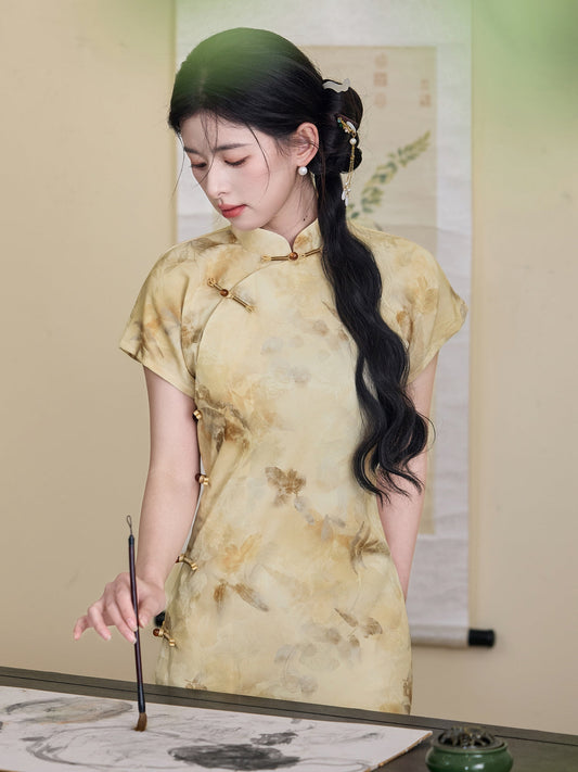 Golden Jade - Short Sleeve Vintage Style Long Cheongsam