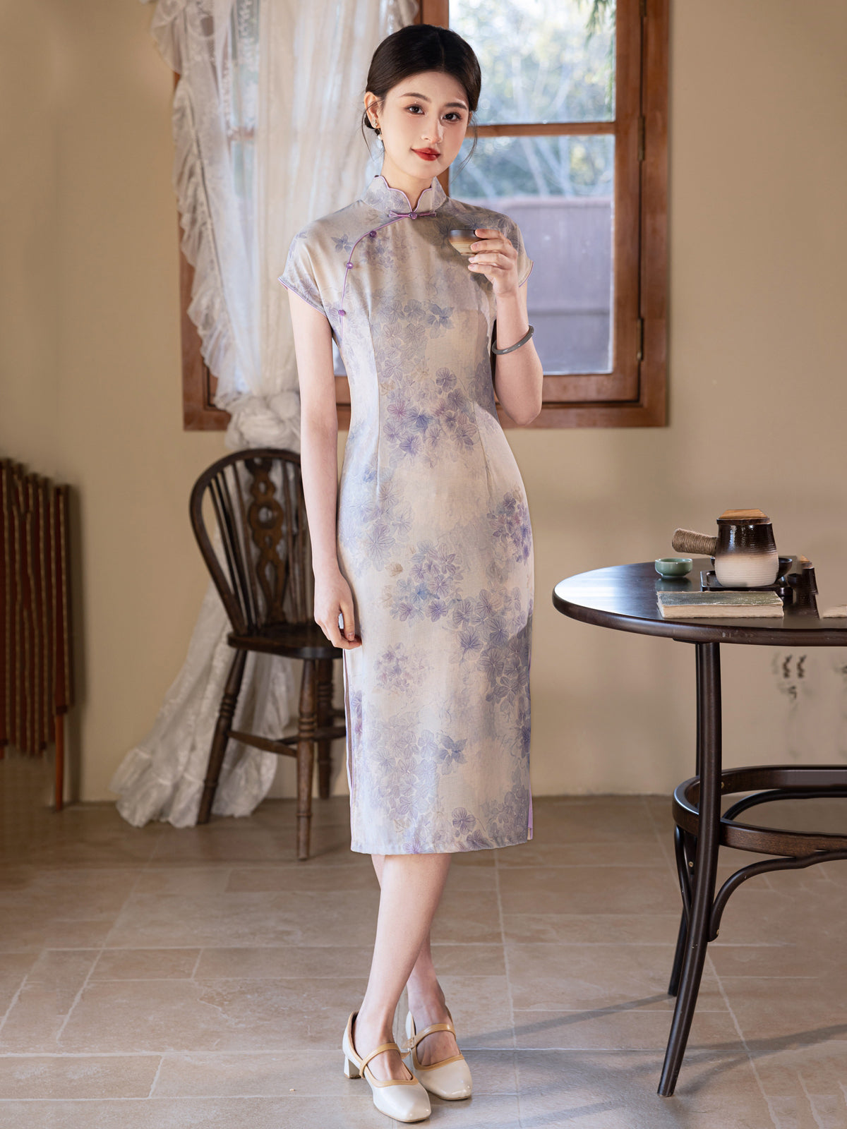 Lavender - Short Sleeve Floral Midi Purple Cheongsam