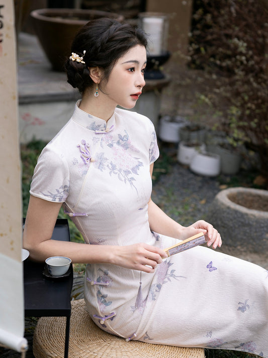 Into a Dream 入梦 - Short Sleeve Spring Purple Midi Cheongsam