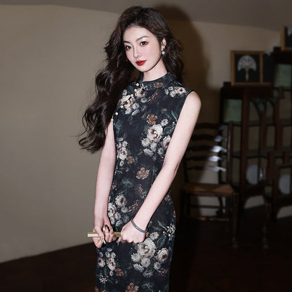 Bright Fleurs 黛色锦簇 - Sleeveless Vintage Floral Black Cheongsam