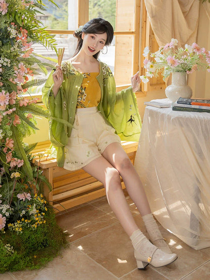 Qinghe 清和 - Modern Ming Dynasty Crewneck Shirt, Shorts Outfit for Summer