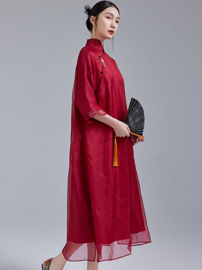 Ruby - 100% Silk Organza Loose Cheongsam Dress
