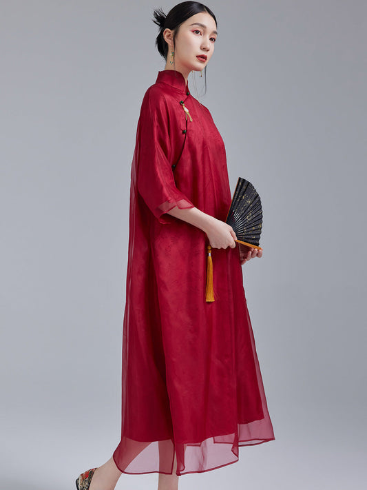 Ruby - 100% Silk Organza Loose Cheongsam Dress