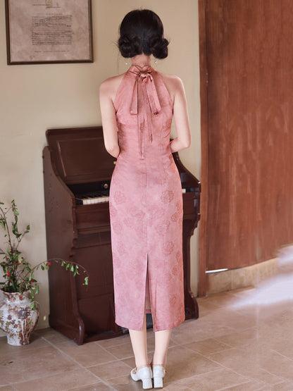 The Beauty - Pink Halter Neck Midi Cheongsam
