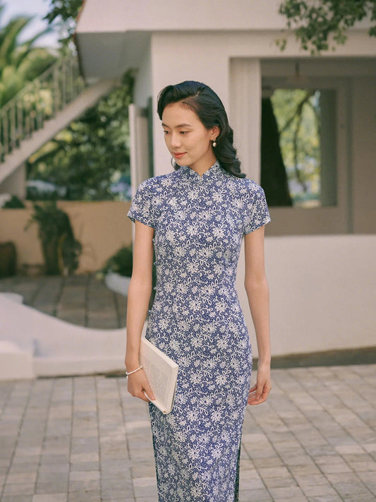 Porcelain Strands 瓷缕 - Cotton Short Sleeves Mid Length Retro Cheongsam (Preorder)