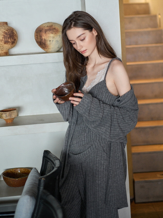 Gray Lace Trim Ribbed Pajama Set