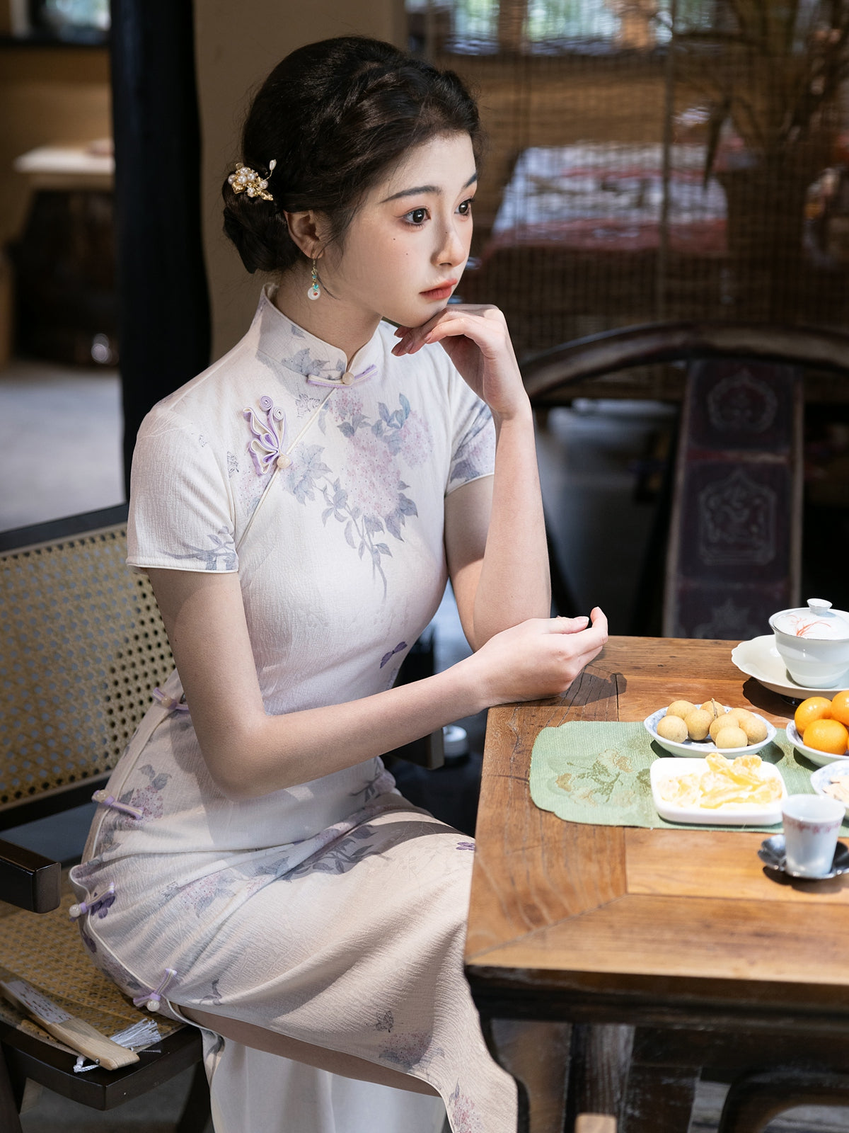 Into a Dream 入梦 - Short Sleeve Spring Purple Midi Cheongsam