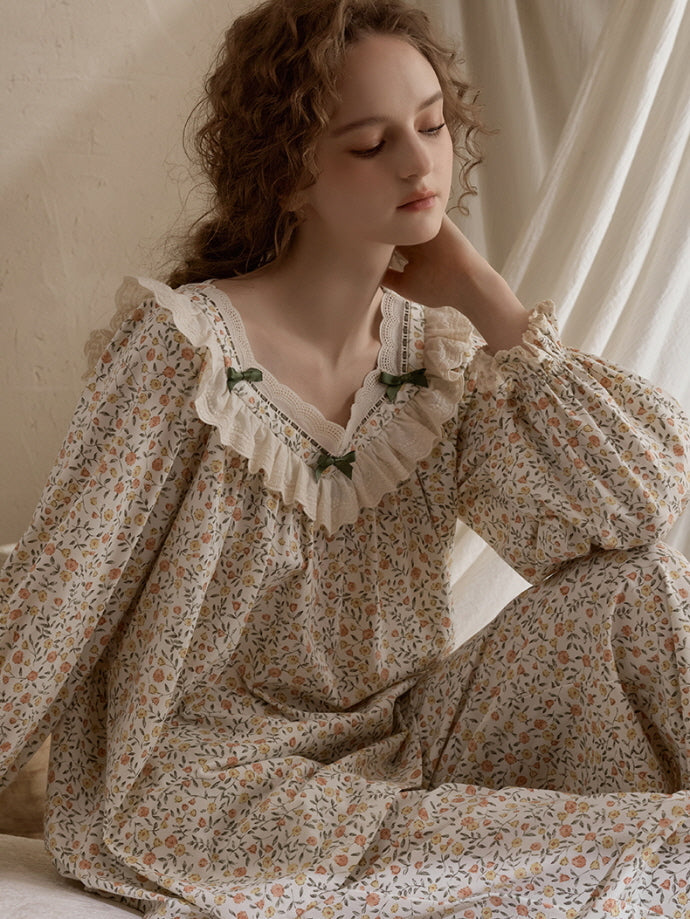 Vintage Floral Ruffle Pajama Set