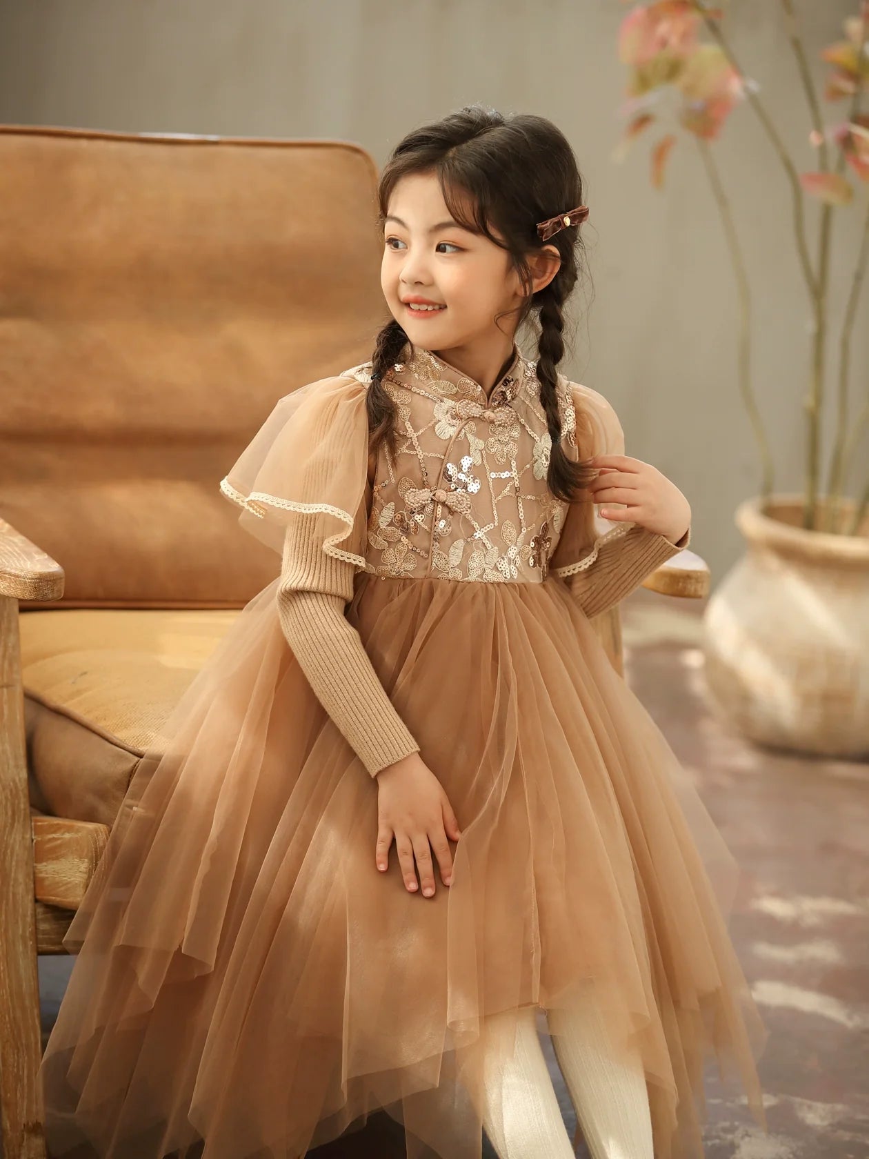 Latte - New Chinese Style Cheongsam for Girls