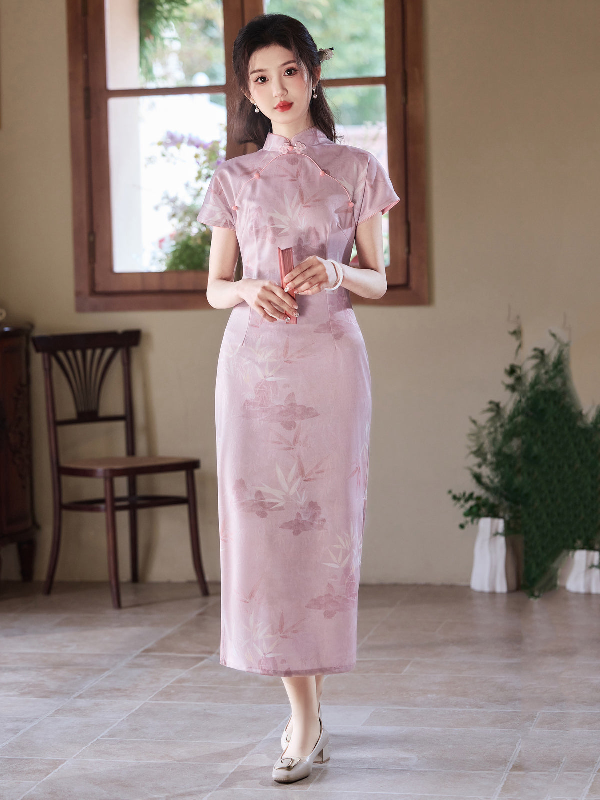 Pastel Flowers - Short Sleeve Floral Style Long Cheongsam