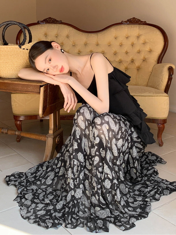 Black Ruffle Camisole & Paisley Maxi Skirt