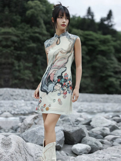 New Chinese Style Stand-Up Collar Short Dress - Chang'E