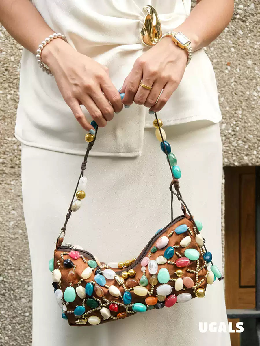 Colorful Stone Silk Satin Dumpling Clutch Bag