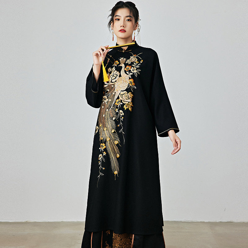 Golden Phoenix - Wool Cheongsam Dress for Autumn and Winter