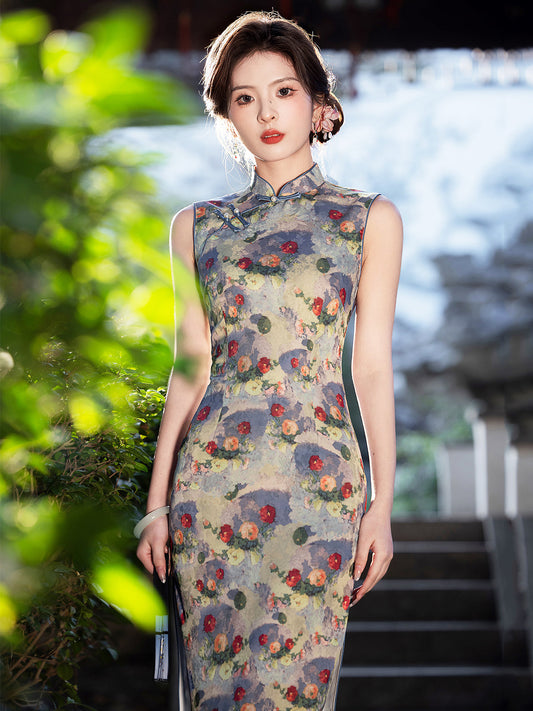 Yi Liuyan 忆榴颜 - Sleeveless Flower Painting Long Cheongsam
