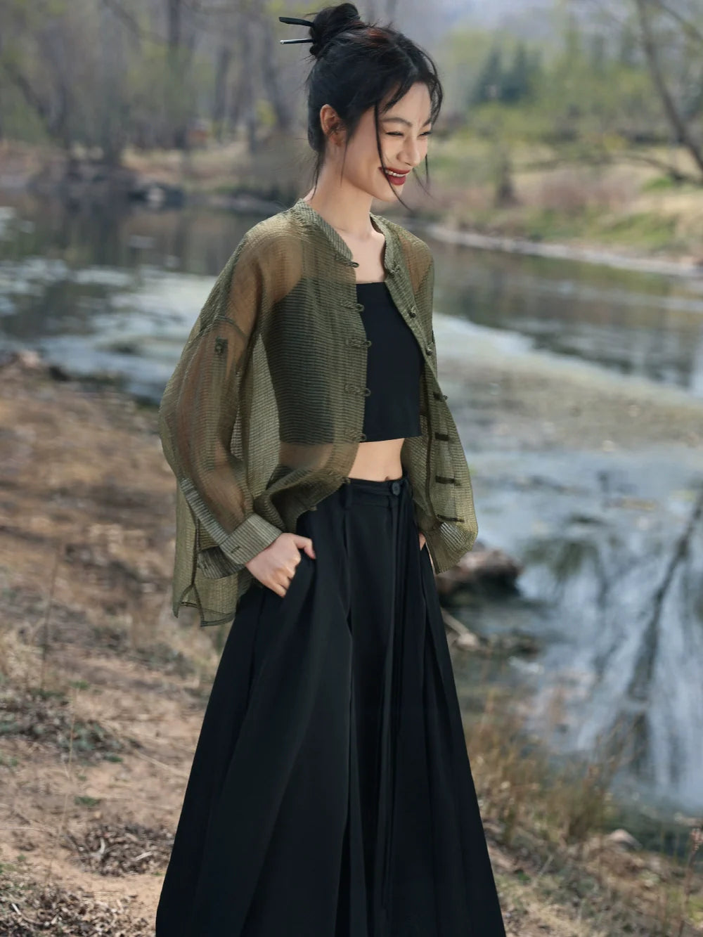 New Chinese Style Button See Through Shirt