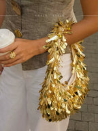 Vintage Hand-Woven Gold Sequin Bead Embellished Tote – Tasseled Dumpling-Shaped Bag