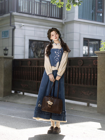 Cat Thread 猫线 - New Chinese Style Daily College Denim Skirt Set