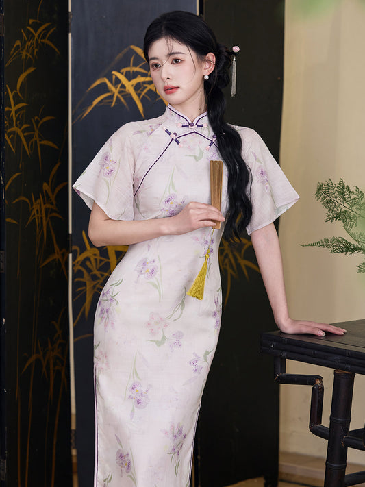 Shuangxi 双栖 - Tencel Flare Sleeve Purple Midi Cheongsam
