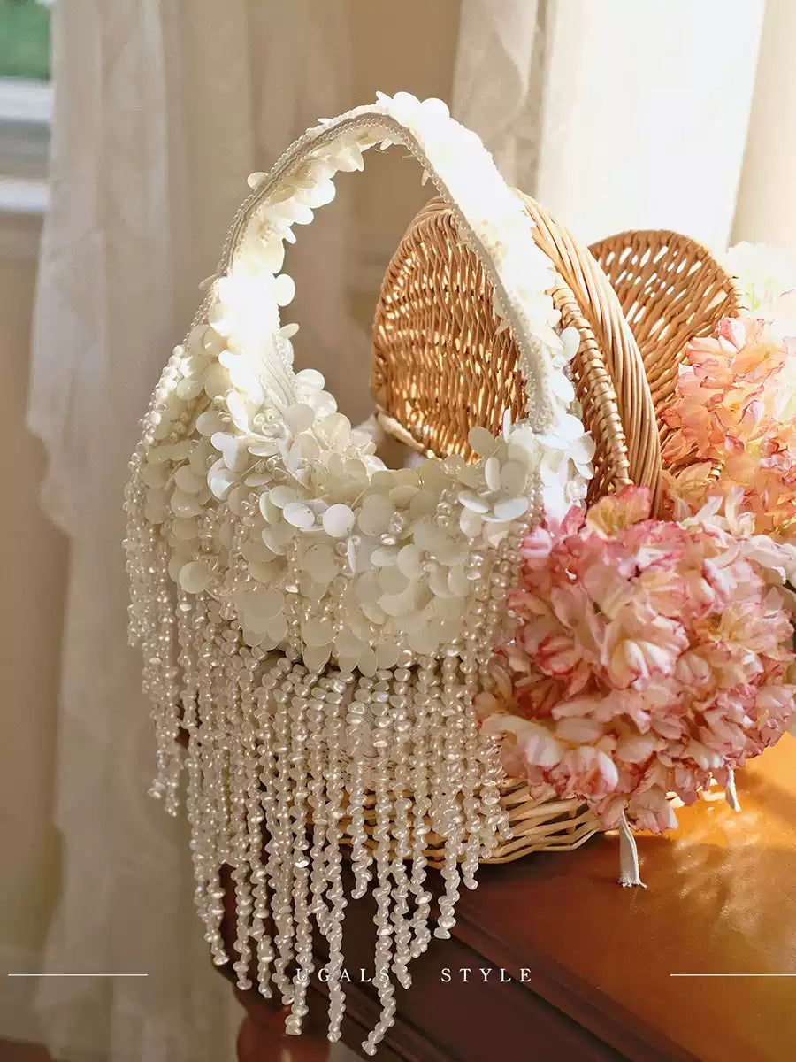 Pearl Fringe Floral Crescent Bag